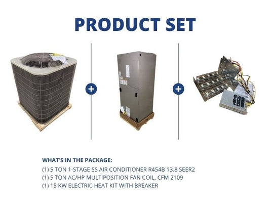 5 Ton 1-Stage SS AC R454B 13.8 SEER2, 5 Ton ECM Multiposition Fan Coil and 15kW Heat Kit w/ Breaker