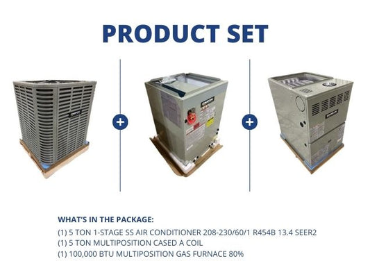 5 Ton SS AC R454B 13.4 SEER2, 5 Ton Multi Cased A Coil and 100,000 BTU Multiposition Gas Furnace 80%