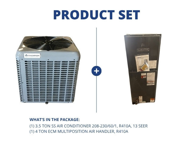 3.5 Ton SS Air Conditioner 208-230/60/1 R410A 13 SEER and 4 Ton ECM Multiposition Air Handler, R410A