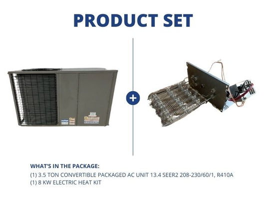 3.5 Ton Convertible Packaged AC Unit 13.4 SEER2 208-230/60/1, R410A and 8 Kw Electric Heat Kit