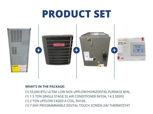 55,000 BTU Ultra Low NOx Up/Horz Furnace 80%, 1.5 Ton AC 14.3 SEER2, 2 Ton Up Cased Coil, Thermostat