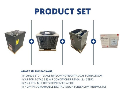 100,000 BTU Up/Horz Gas Furnace 80%, 3.5 Ton AC 13.4 SEER2, 2.5-4 Ton Multi Coil and 24V Thermostat