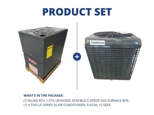 80,000 BTU 1-Stg Up/Horz ECM Multi Speed Gas Furnace 80% and 4 Ton SS Air Conditioner R-410A 13 SEER