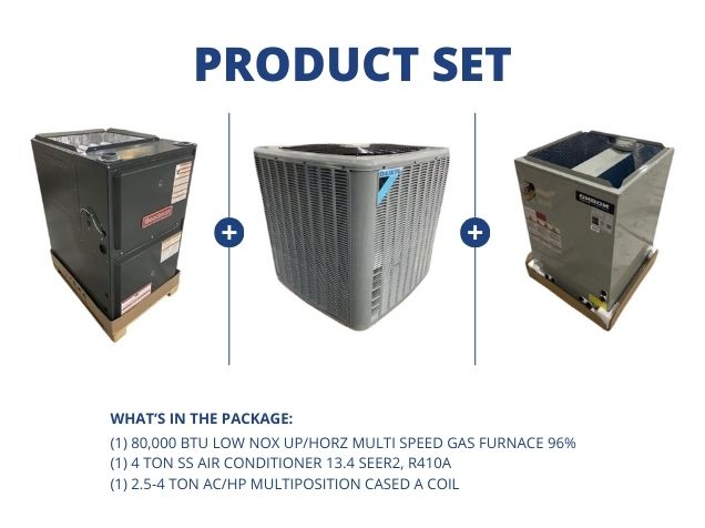 80,000 BTU Low NOx Up/Horz ECM Gas Furnace 96%, 4 Ton SS AC 13.4 SEER2, 2.5-4 Ton Multi Cased A Coil