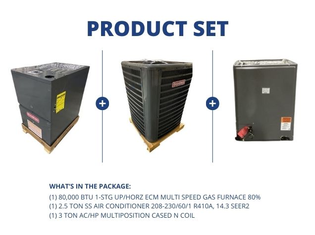 80,000 BTU 1-Stg Up/Horz ECM Gas Furnace 80%, 2.5 Ton SS AC 14.3 SEER2 with 3 Ton Multi Cased N Coil