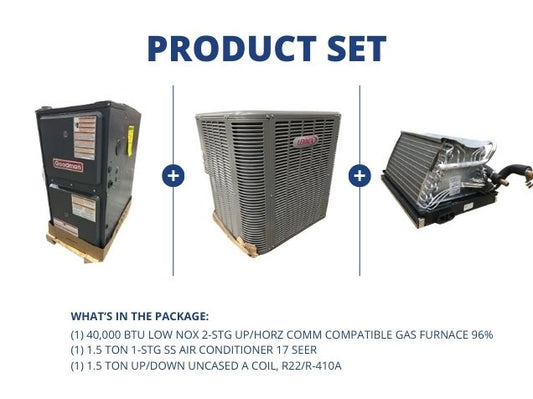 40,000 BTU Low NOx Comm Comp Gas Furnace 96%, 1.5 Ton AC 17 SEER with 1.5 Ton Up/Down Uncased A Coil
