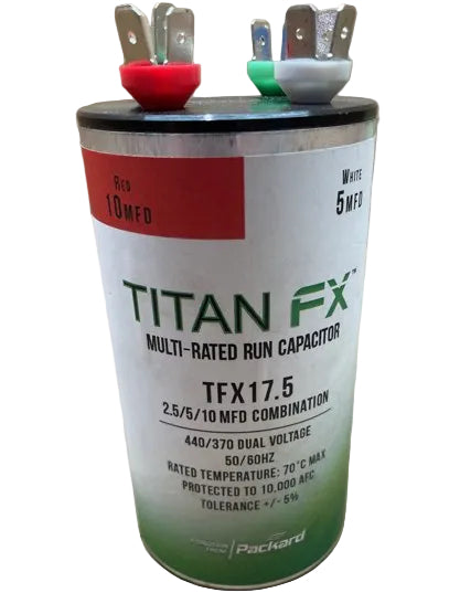 370/440 Vac, 17.5 MFD (2.5/5/10), 50/60 Hz, Multi-Rated Round Capacitor