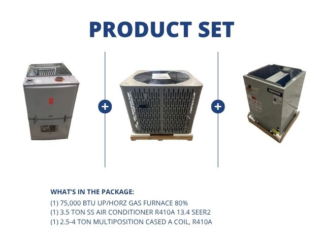75,000 BTU Up/Horz Gas Furnace 80%, 3.5 Ton SS AC R410A 13.4 SEER2 with 2.5-4 Ton Multi Cased A Coil