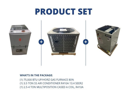 75,000 BTU Up/Horz Gas Furnace 80%, 3.5 Ton SS AC R410A 13.4 SEER2 with 2.5-4 Ton Multi Cased A Coil