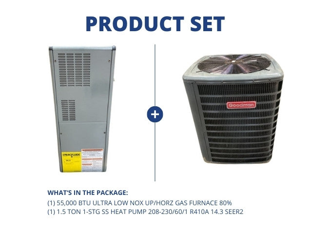 55,000 BTU Ultra Low NOx Up/Horz Gas Furnace 80% with 1.5 Ton 1-Stg SS Heat Pump R410A 14.3 SEER2