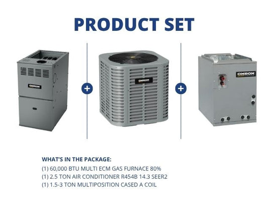 60,000 BTU Multi ECM Gas Furnace 80%, 2.5 Ton AC R454B 14.3 SEER2 with 1.5-3 Ton Multi Cased A Coil