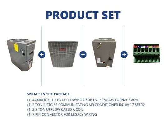 44,000 BTU Up/Horz Gas Furnace 80%, 2 Ton Comm AC 17 SEER2, 2.5 Ton Upflow Coil, and 7 Pin Connector