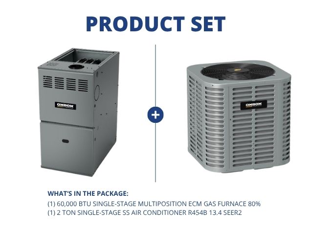 60,000 BTU 1-Stg Multiposition ECM Var Spd Gas Furnace 80% with 2 Ton 1-Stg SS AC R454B 13.4 SEER2