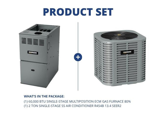 60,000 BTU 1-Stg Multiposition ECM Var Spd Gas Furnace 80% with 2 Ton 1-Stg SS AC R454B 13.4 SEER2