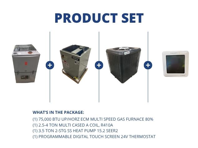 75,000 BTU Up/Horz Gas Furnace 80%, 2.5-4 Ton Multi Coil, 3.5 Ton HP 15.2 SEER2 with 24V Thermostat