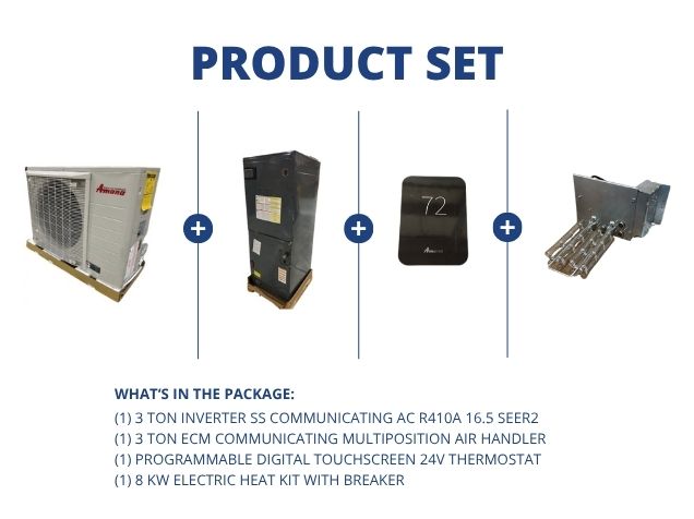 3 Ton Inverter Comm AC 16.5 SEER2, 3 Ton ECM Comm Multi Air Handler,  24V Thermostat and 8KW Heat