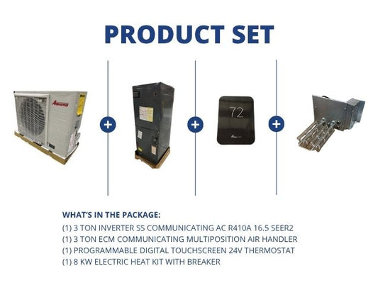 3 Ton Inverter Comm AC 16.5 SEER2, 3 Ton ECM Comm Multi Air Handler,  24V Thermostat and 8KW Heat