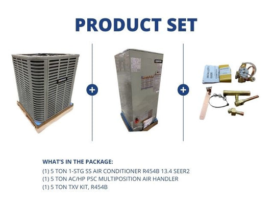 5 Ton 1-Stg SS AC R454B 13.4 SEER2, 5 Ton AC/HP PSC Multiposition Air Handler with 5 Ton TXV Kit