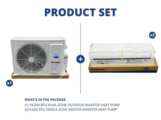 18,000 BTU Dual-Zone Inverter Heat Pump Mini Split Set, 17 SEER2 208-230/60/1 R-32