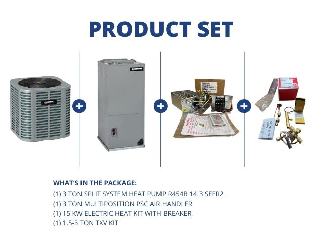 3 Ton SS HP R454B 14.3 SEER2, 3 Ton Multi Air Handler, 15KW Heat Kit with Breaker, 1.5-3 Ton TXV Kit