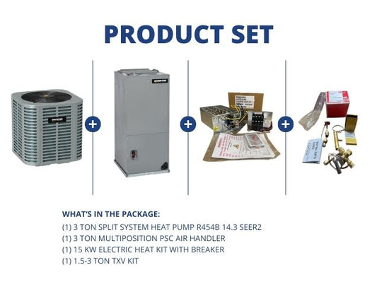 3 Ton SS HP R454B 14.3 SEER2, 3 Ton Multi Air Handler, 15KW Heat Kit with Breaker, 1.5-3 Ton TXV Kit