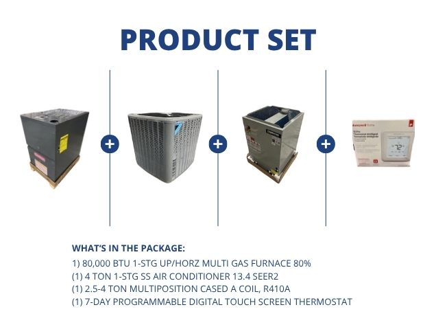 80,000 BTU Up/Horz Gas Furnace 80%, 4 Ton SS AC 13.4 SEER2, 2.5-4 Ton Multi Coil with 24V Thermostat