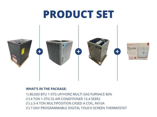 80,000 BTU Up/Horz Gas Furnace 80%, 4 Ton SS AC 13.4 SEER2, 2.5-4 Ton Multi Coil with 24V Thermostat