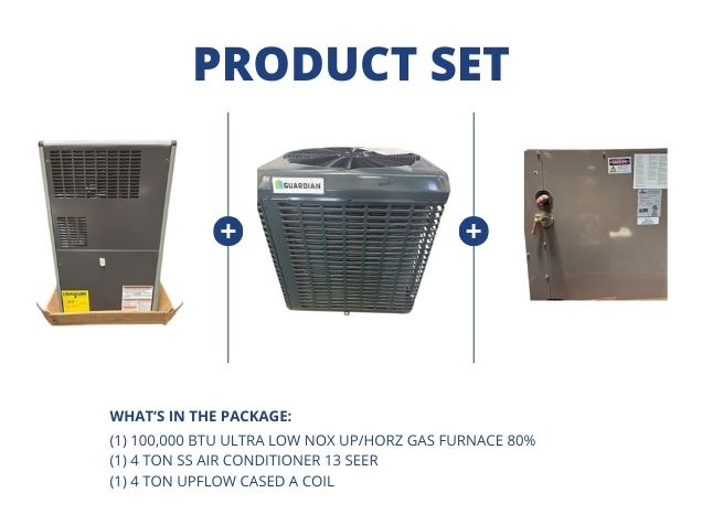 100,000 BTU Ultra Low NOx Up/Horz Gas Furnace 80%, 4 Ton SS AC 13 SEER and 4 Ton Upflow Cased A Coil