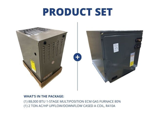 88,000 BTU 1-Stage Multiposition ECM Gas Furnace 80% and 2 Ton AC/HP Up/Down Cased A Coil, R410A