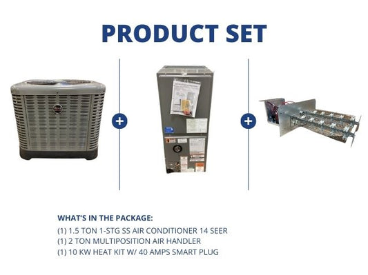 1.5 Ton 1-Stg SS AC 14 SEER, 2 Ton ECM Multiposition Air Handler and 10 Kw Heat, 40A Smart Plug Only