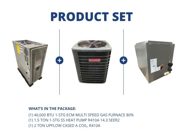 40,000 BTU Multi ECM Gas Furnace 80%, 1.5 Ton SS HP R410A 14.3 SEER2 with 2 Ton Upflow Cased A Coil