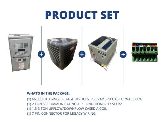 66,000 BTU Gas Furnace 80%, 2 Ton SS Comm AC 17 SEER2, 1.5-3 Ton Up/Down A Coil and 7 Pin Connector