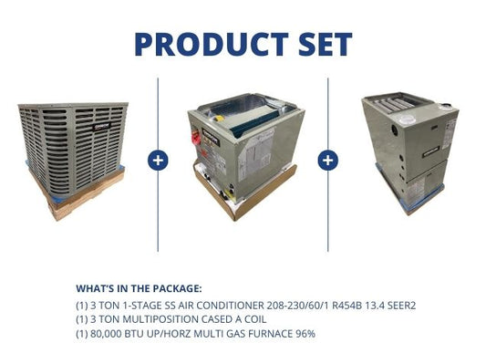 3 Ton SS AC R454B 13.4 SEER2, 3 Ton Multi Cased A Coil with 80,000 BTU Up/Horz Multi Gas Furnace 96%