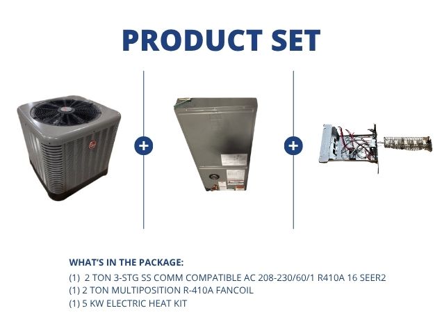 2 Ton SS Comm Compatible AC 16 SEER2, 2 Ton Multiposition R-410A Fancoil with 5 kW Electric Heat Kit