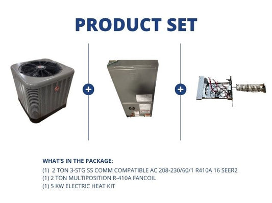 2 Ton SS Comm Compatible AC 16 SEER2, 2 Ton Multiposition R-410A Fancoil with 5 kW Electric Heat Kit