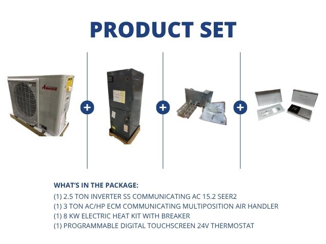 2.5 Ton Inverter Comm AC 15.2 SEER2, 3 Ton ECM Comm Multi Air Handler, 8 KW Heat Kit with Thermostat
