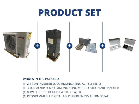 2.5 Ton Inverter Comm AC 15.2 SEER2, 3 Ton ECM Comm Multi Air Handler, 8 KW Heat Kit with Thermostat