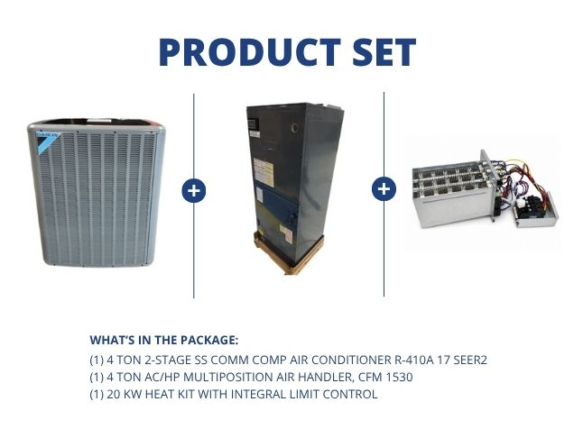 4 Ton Comm Comp AC R410A 17 SEER2, 4 Ton AC/HP Multi Air Handler, 20kW Heat w/Integral Limit Control