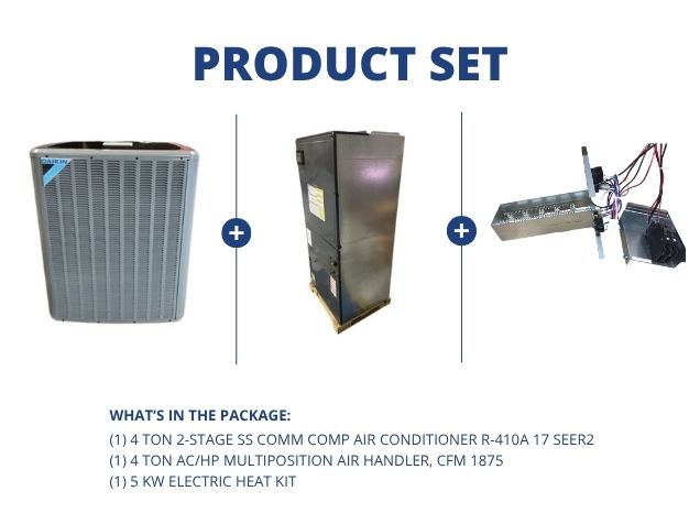 4 Ton 2-Stg Comm Comp AC R-410A 17 SEER2, 4 Ton ECM Multiposition Air Handler CFM 1875 and 5 kW Heat