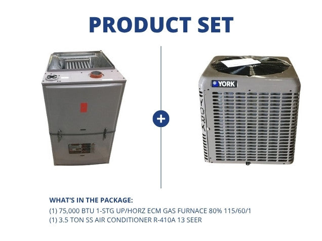 75,000 BTU 1-Stg Upflow/Horizontal ECM Gas Furnace 80% and 3.5 Ton SS Air Conditioner R-410A 13 SEER
