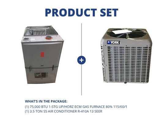 75,000 BTU 1-Stg Upflow/Horizontal ECM Gas Furnace 80% and 3.5 Ton SS Air Conditioner R-410A 13 SEER