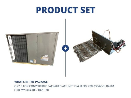 2.5 Ton Convertible Packaged AC Unit 13.4 SEER2 208-230/60/1, R410A and 8 KW Electric Heat Kit