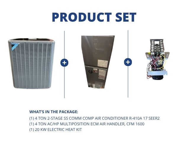 4 Ton 2-Stg Comm Comp AC R410A 17 SEER2, 4 Ton Multiposition ECM Air Handler CFM 1600 and 20 kW Heat