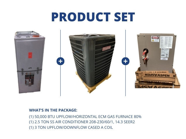50,000 BTU Up/Horz ECM Gas Furnace 80% with 2.5 Ton SS AC 14.3 SEER2 with 3 Ton Up/Down Cased A Coil