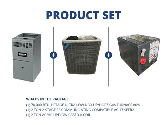 70,000 BTU Ultra Low NOx Up/Horz Gas Furnace 80%, 2 Ton Comm Comp AC 17 SEER2, 2 Ton Upflow Coil