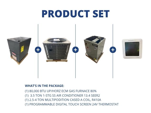 80,000 BTU Up/Horz Gas Furnace 80%, 3.5 Ton AC 13.4 SEER2, 2.5-4 Ton Multi Coil with 24V Thermostat