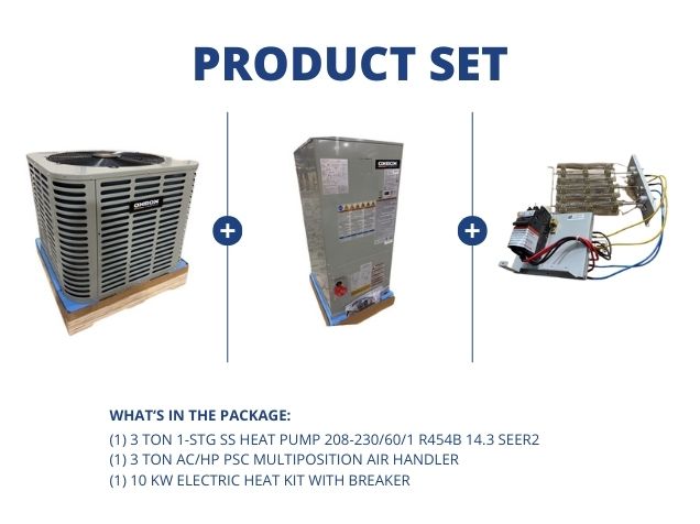 3 Ton 1-Stg SS Heat Pump R454B 14.3 SEER2, 3 Ton AC/HP PSC Multi Air Handler with 10 KW W/ Breaker
