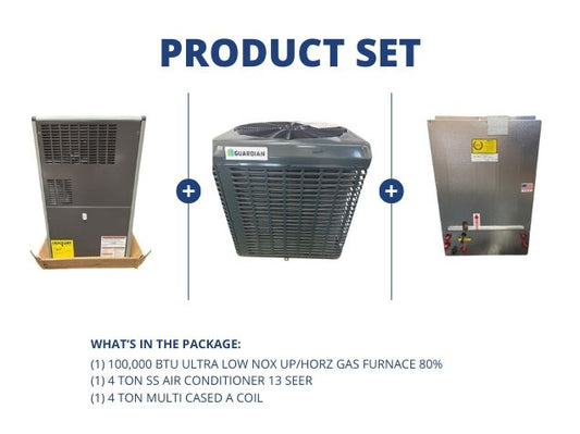 100,000 BTU Ultra Low NOx Up/Horz Gas Furnace 80%, 4 Ton SS AC 13 SEER with 4 Ton Multi Cased A Coil