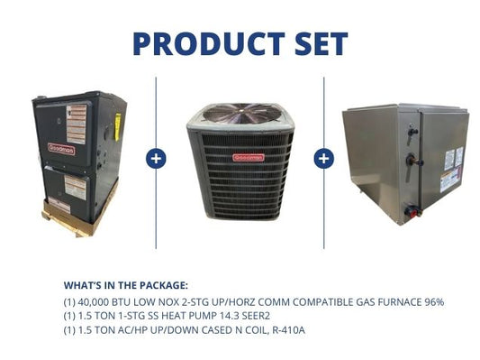 40,000 BTU Low NOx Comm Comp Gas Furnace 96%, 1.5 Ton HP 14.3 SEER2 and 1.5 Ton Up/Down Cased N Coil
