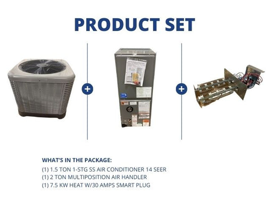 1.5 Ton 1-Stg SS AC 14.3 SEER2, 2 Ton ECM Multiposition Air Handler with 7.5Kw Heat, 30A Smart Plug